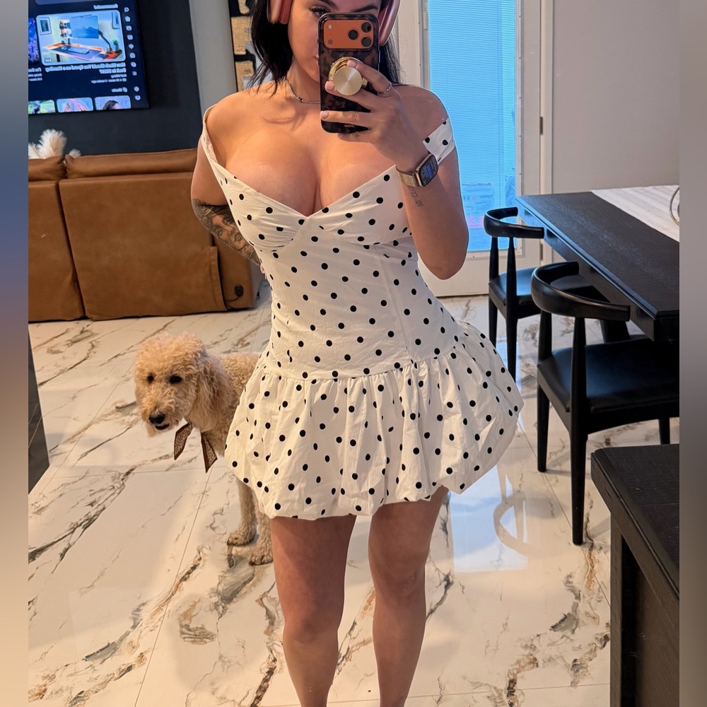 Peppermayo Elegant Off-Shoulder Polka Dot Dress - Picture 5 of 15